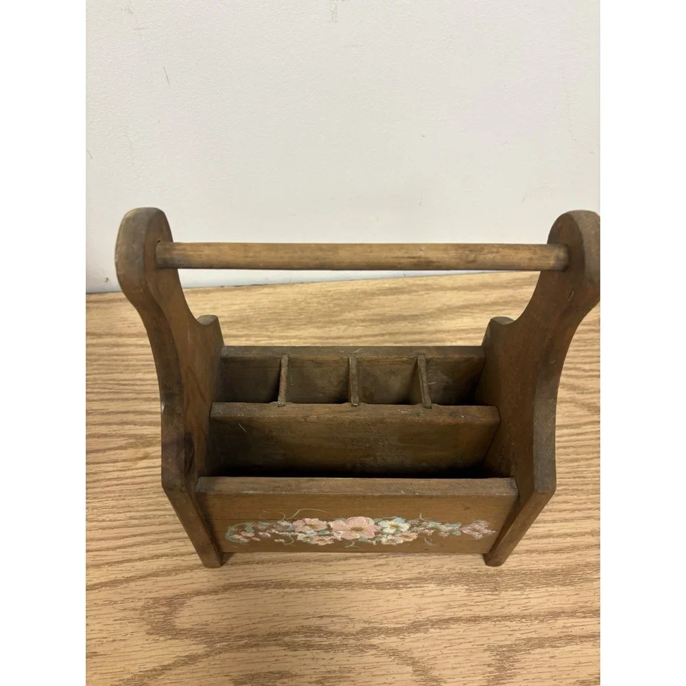 Vintage Small Wooden Carpenter  Makeup Caddy Carrier Rustic Box Floral